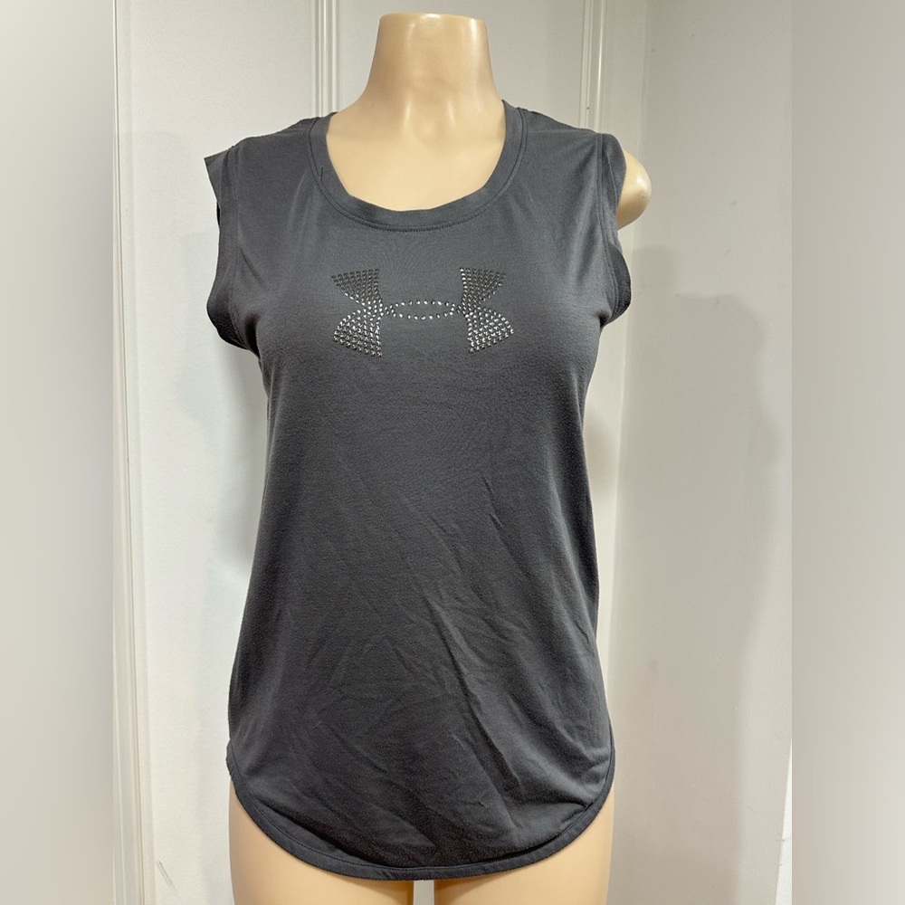 Under Armour muscle shirt, Grey color, with studded Underarmour logo on front.